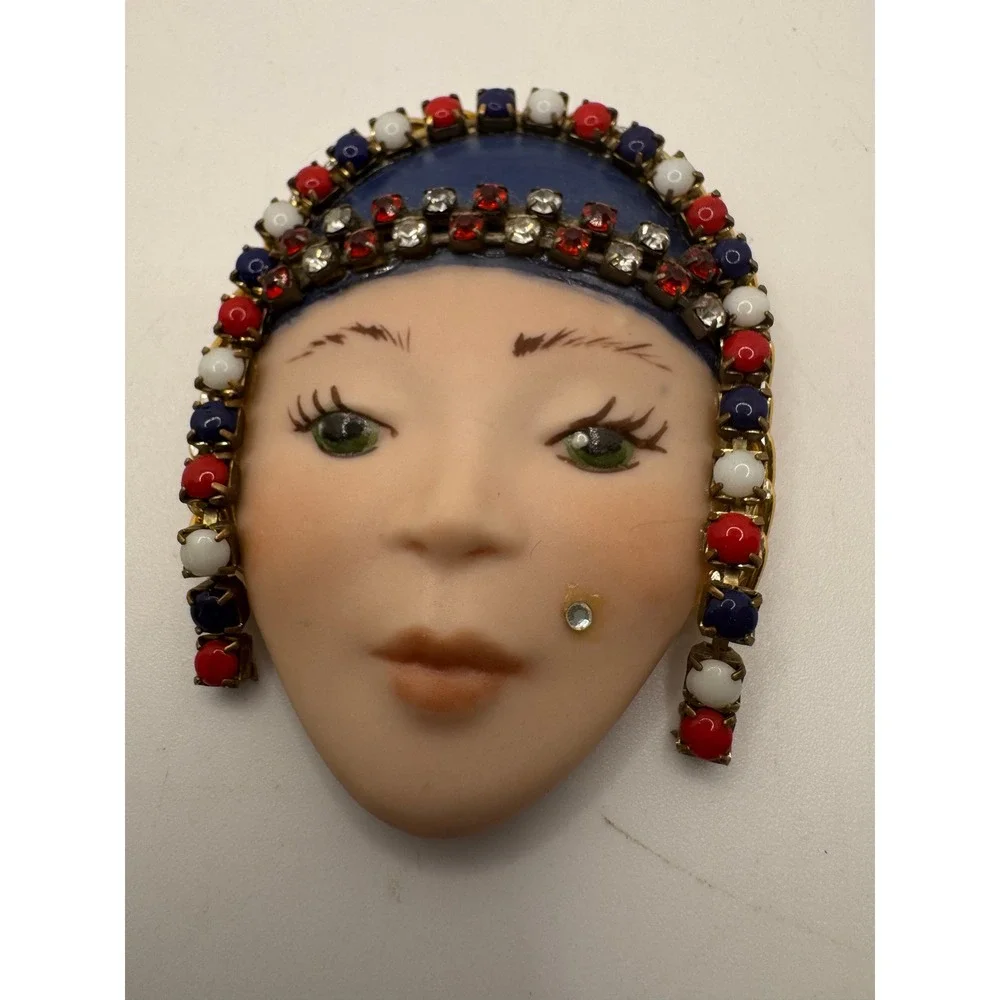 Schacht Hand Painted Porcelain Face Brooch Red White Blue Beaded Headdress Pin